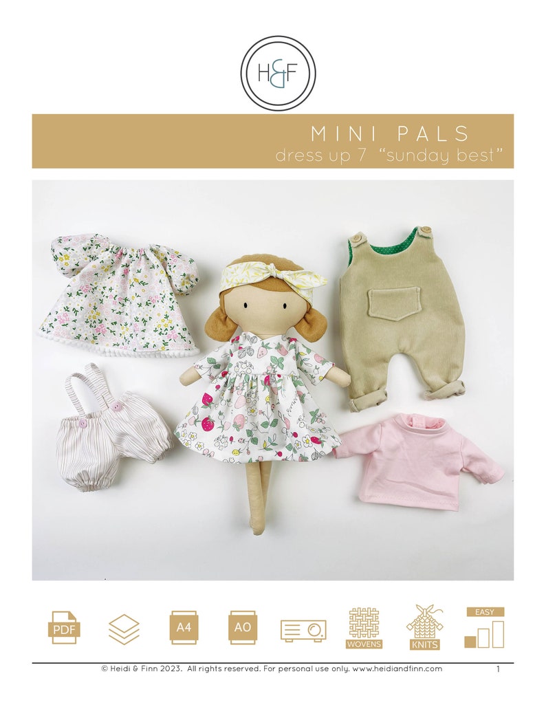 May include: A sewing pattern for a 7-inch doll, called "Mini Pals: dress up 7"sunday best". The pattern includes a dress, overalls, a shirt, and bloomers. The pattern is available in PDF, A4, and AO sizes. The pattern is easy to sew and is perfect for beginners.