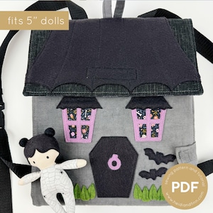 Halloween Dollhouse backpack, portable dollhouse, fabric dollhouse, soft dollhouse sewing pattern, backpack sewing pattern, mini doll bag