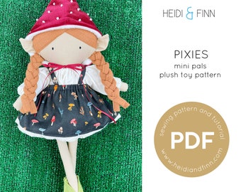 Mini Pals PIXIE doll sewing pattern, doll sewing pattern, toy pdf pattern, plush doll pattern, pixie doll sewing pattern, woodland doll pdf