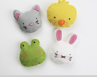 SpringTime MINIS hand sewing stuffies project PDF pattern embroidry stuffed felt animals kitty bunny brooch pin