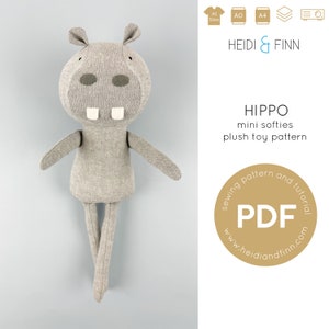 Op de afbeelding: Een grijs stoffen nijlpaard knuffeldier patroon, met de tekst "HIPPO mini softies plush toy pattern sewing pattern and tutorial PDF www.heidiandfinn.com"