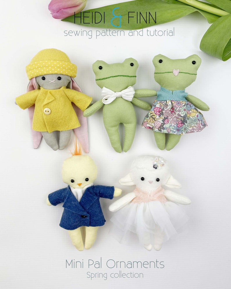 Spring Easter doll sewing pattern, Mini Pals pattern, easter dolls, doll sewing pattern, felt sewing pattern, easter pdf pattern, frog pdf image 2