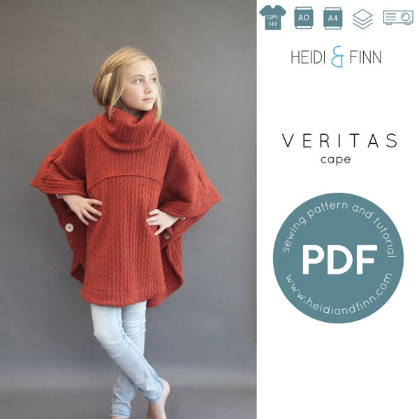 Veritas, patron de couture de cape, poncho, patron de couture et tutoriel, veste de vacances, manteau, boléro, vêtements d'extérieur PDF, facile à coudre, patron de poncho