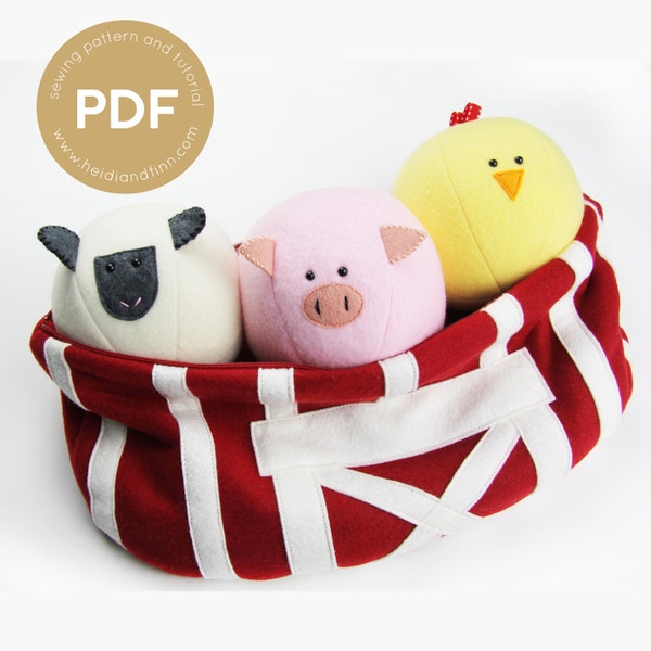 Farm friends, soft ball toy, pdf sewing pattern, plush toy, animals sewing pattern, sheep, chick, bird, pig, barn pdf pattern, baby toy pdf