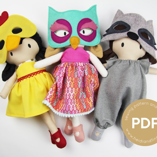 Dress up doll sewing pattern, Mini Pal Dress Me Up COSTUME set, felt mask sewing pattern, felt animals, animal doll pattern, doll clothing