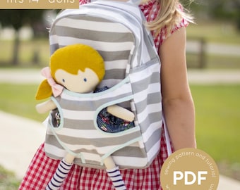 Mini Pals Carry meバックパック、バックパックの縫製パターン、メッセンジャーバッグの縫製パターン、人形キャリアの縫製パターン、人形のPDF縫製パターン