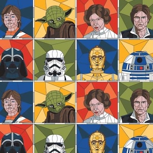 Peut inclure: Un motif de tissu répétitif présentant des portraits stylisés de personnages de Star Wars, tels que Luke Skywalker, Yoda, Princesse Leia, Han Solo, Dark Vador, un Stormtrooper, C-3PO et R2-D2, dans un style vitrail avec des blocs géométriques colorés.