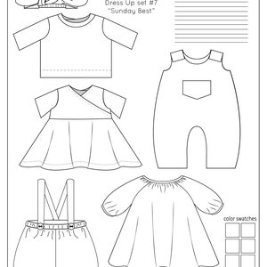 May include: A design ideas page for children's clothing with five different outfit options. The page includes a headband, a t-shirt, a dress, overalls, and a dress with puffed sleeves. The page also includes a section for color swatches.