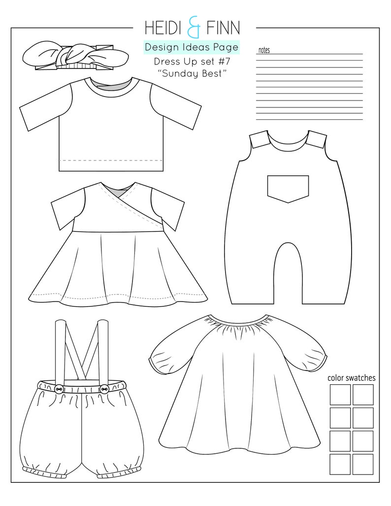 May include: A design ideas page for children's clothing with five different outfit options. The page includes a headband, a t-shirt, a dress, overalls, and a dress with puffed sleeves. The page also includes a section for color swatches.
