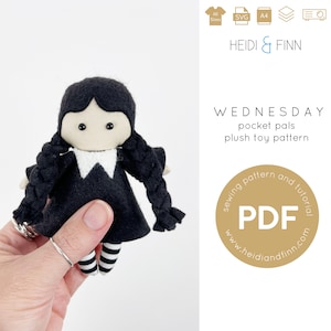 Wednesday doll pattern, addams family pattern, toy doll, felt tree ornament, stuffed doll christmas, dollhouse sewing pattern, doll sewing