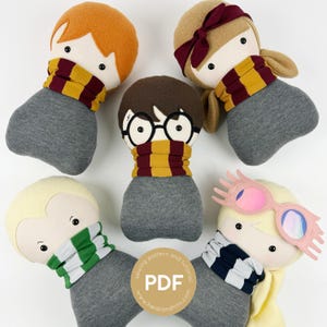 May include: Five plush toys of characters from the Harry Potter series. The toys are all wearing scarves and have different colored hair and clothing. The toys are arranged in a circle on a white background. The text "Sewing pattern and tutorial PDF www.heidianntinn.com" is visible in the center of the image.