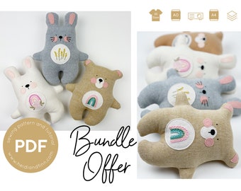 BoHo BUNDLE sewing pattern, bunny doll pattern, Embroidered bear plush toy, animal sewing pattern, bear toy sewing pattern, teddy bear pdf
