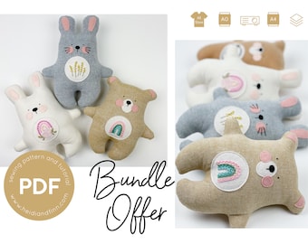 BoHo BUNDLE sewing pattern, bunny doll pattern, Embroidered bear plush toy, animal sewing pattern, bear toy sewing pattern, teddy bear pdf