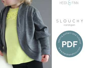 May include: A gray slouchy cardigan sewing pattern and tutorial in PDF format. The pattern is available for sizes 12 months to 12 years. The pattern is available in A0, A4, and layered PDF formats.