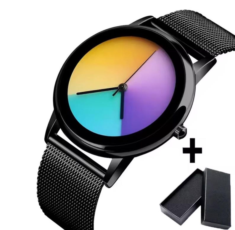May include: A black wristwatch with a mesh band and a colorful dial. The watch face is divided into quadrants of yellow, purple, and blue. Includes a black gift box.