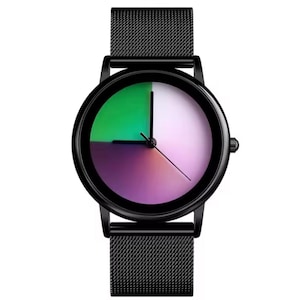 May include: A black wristwatch with a round face featuring a color gradient of green, purple, and white. The watch has a black mesh band and a black bezel. The hands are black and show the time.