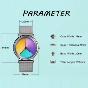 May include: A silver wristwatch with a colorful face, featuring yellow, purple, and teal segments. The watch has a mesh band and is 44mm in length. The case width is 38mm, the case thickness is 9mm, and the band width is 20mm. The total length is 235mm.