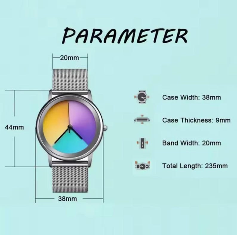 May include: A silver wristwatch with a colorful face, featuring yellow, purple, and teal segments. The watch has a mesh band and is 44mm in length. The case width is 38mm, the case thickness is 9mm, and the band width is 20mm. The total length is 235mm.