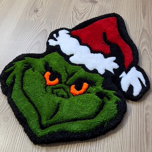 Handmade Grinch Christmas Rug, Green & Christmas Themed Fun Gift, Unique Christmas Gift for Christmas Decor, Grinch Gift, Xmas Tufting Rug