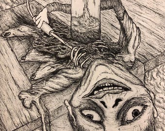 May include: A black and white pen and ink drawing of a grotesque figure with a large mouth and wide eyes. The figure is lying on a wooden surface with a tube connected to a glass container. The container is filled with a dark liquid and has a mountain-like shape inside.