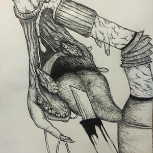 May include: A detailed black and white pen and ink drawing. The artwork depicts a surreal scene with a large, textured form, a knife, and multiple arm-like appendages. The style is reminiscent of anatomical studies and fantasy art.