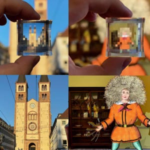 Puede incluir: Un collage de cuatro imágenes. La imagen superior izquierda muestra una mano sosteniendo un pequeño prisma de vidrio con una vista de un edificio de la iglesia. La imagen superior derecha muestra una mano sosteniendo un pequeño prisma de vidrio con una vista de una persona con un atuendo rojo y blanco. La imagen inferior izquierda muestra un gran edificio amarillo con dos torres. La imagen inferior derecha muestra a una persona con un atuendo marrón y naranja con un gran sombrero de piel blanca de pie frente a un gabinete de madera.