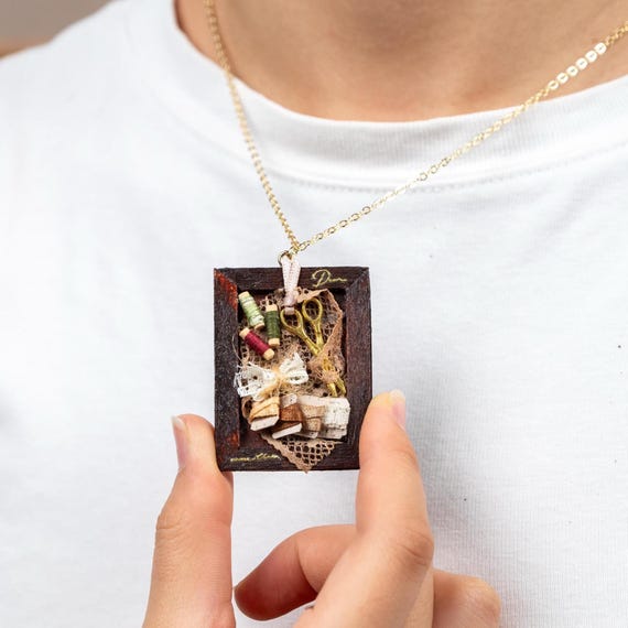 Miniature Sewing Workshop Necklace Wooden Pendant Vintage Lace