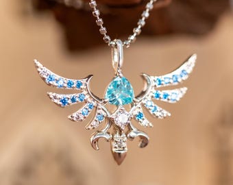 Legend Of Zelda Inspired Winged Goddess Necklace Blue Gemstone 925 Sterling Silver Jewelry Holiday Gift For Her Xmas Sister Matching Gift