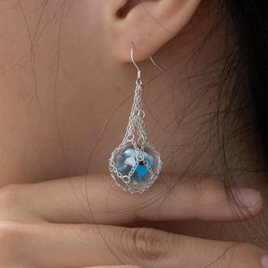 Silver Fish Egg Dangle Earrings Wire Wrapped Handmade Marine Jewelry Miniature Fish Bones Gamer Gift Holiday Beach Vacation Ocean Earrings