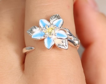 Zelda Silent Princess Ring Sterling Silver Adjustable Branch Band Blue Enamel Flower Yellow Crystal TOTK BOTW Gamer Gift LoZ Enamel Flower