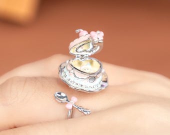 Cream Cake Ring Rotating Puppy Dessert Jewelry with Mirror 925 Silver Plated Adjustable Christmas Halloween Holiday Gift Dessert Lovers Gift
