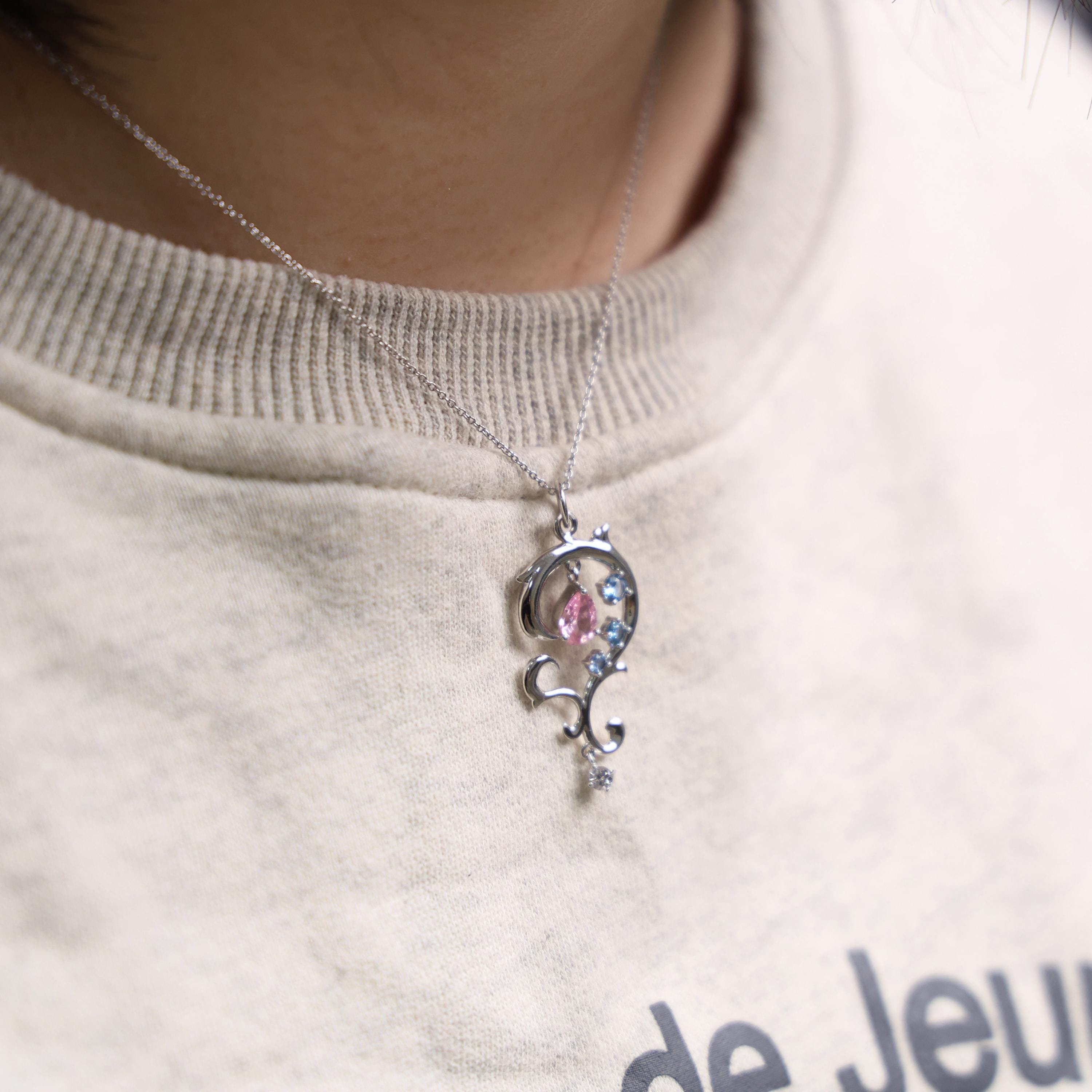FF14 White Mage Necklace Silver Pendant With Pink Blue Zirconia