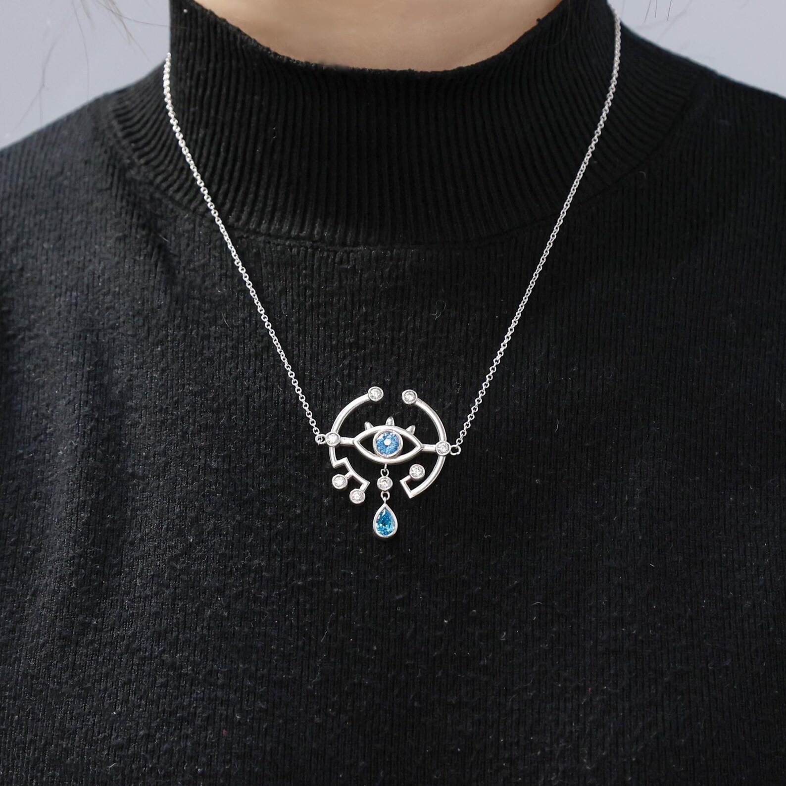 Legend of Zelda Sheikah Eye Necklace Blue Gemstone Sterling Silver ...
