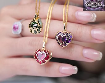 Zelda Heart Container Vessel 18k Gold Jewelry Set Necklace Earrings Ring Bracelet Gemstones Handcrafted Birthday Gift for BOTW TotK Gamer