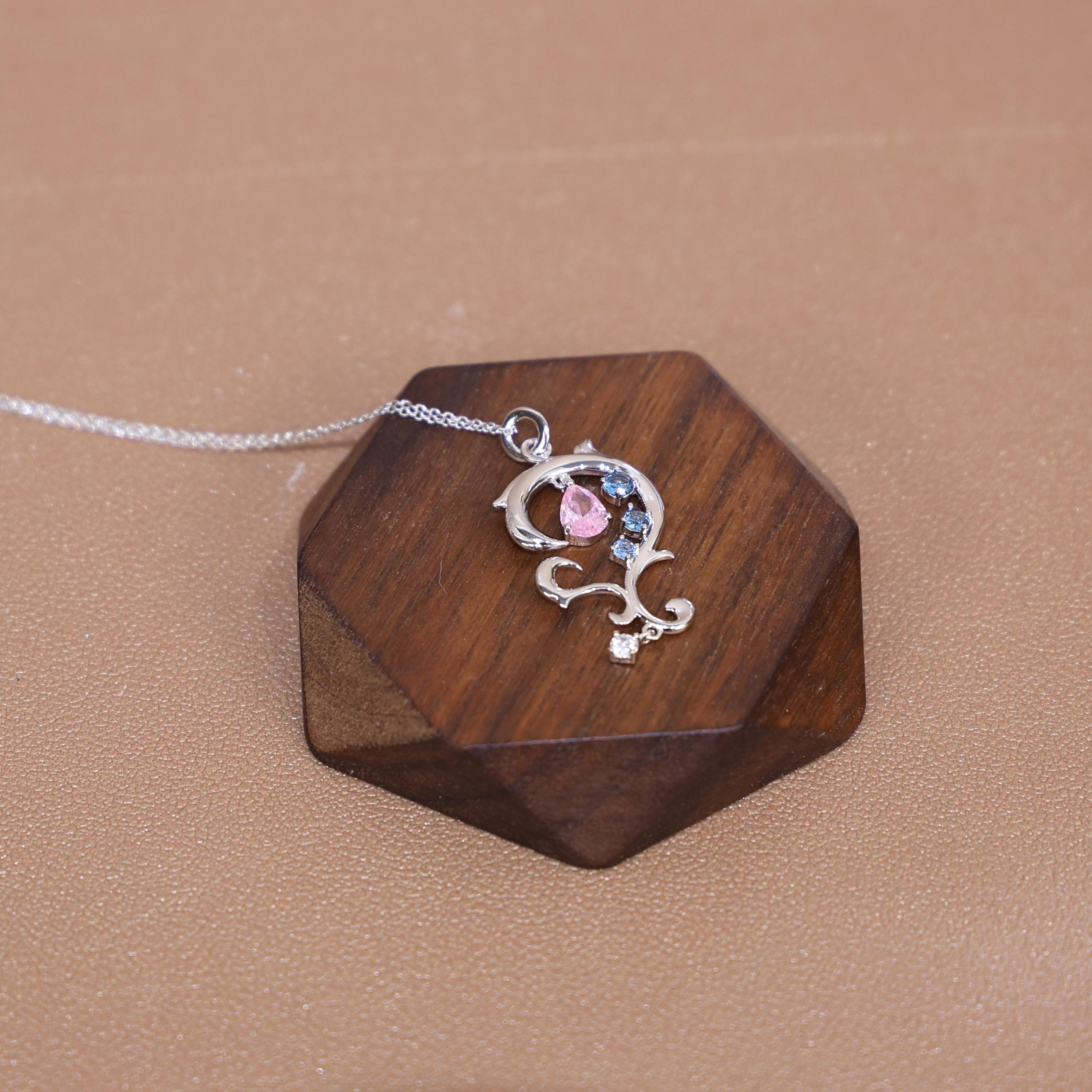 FF14 White Mage Necklace Silver Pendant With Pink Blue Zirconia