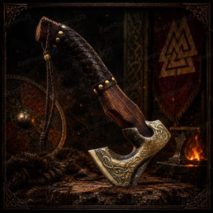 May include: Axe with a wooden handle wrapped in dark brown leather and brass studs. The axe head is gold-colored with intricate carvings. A braided leather cord hangs from the handle. The axe is displayed on a wooden surface.