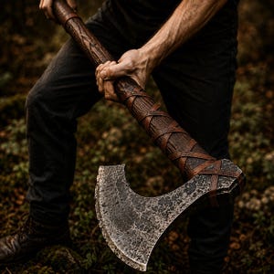 May include: A handcrafted axe with a dark wooden handle and a weathered, textured blade. The handle is wrapped with brown leather straps. The axe is held by a person wearing dark clothing, set against a blurred natural background.