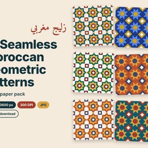 May include: A digital paper pack featuring 12 seamless Moroccan geometric patterns with star and diamond motifs in blue, yellow, red, and green. The text reads 12 Seamless Moroccan Geometric Patterns, Digital paper pack, 3600 x 3600 px, 300 DPI, JPG, and Instant download.