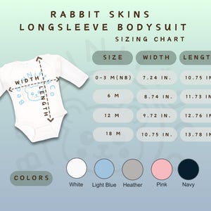 May include: White Rabbit Skins long-sleeve bodysuit with a light blue bear graphic. The sizing chart shows measurements in inches for sizes 0-3M to 18M. Available colors include white, light blue, heather, pink, and navy.
