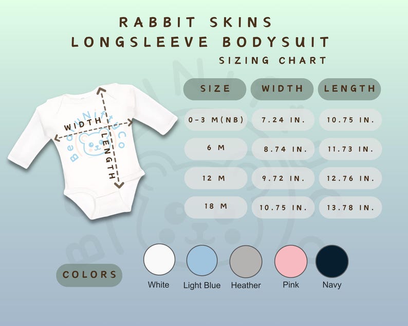 May include: White Rabbit Skins long-sleeve bodysuit with a light blue bear graphic. The sizing chart shows measurements in inches for sizes 0-3M to 18M. Available colors include white, light blue, heather, pink, and navy.