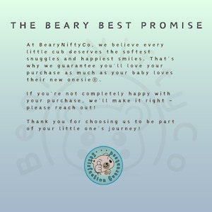 May include: A light blue background with the text "THE BEARY BEST PROMISE" at the top. The text below describes the company's guarantee and thanks customers. A circular logo with a bear is at the bottom.