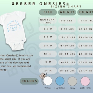 May include: White Gerber Onesies sizing chart with size, weight, and height measurements in inches and pounds. The chart includes sizes from newborn to 24 months. A white onesie with a bear logo is on the left. Colors available are white, light blue, gray, and light pink.