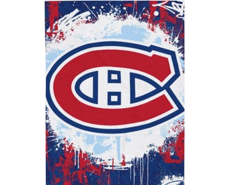 May include: A blue and red hockey team logo with a white background. The logo is surrounded by white paint splatters on a blue background.