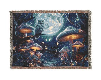 Whimsigoth Märchen gewebte Decke, Eulen & Pilz Walddecke, Cottagecore Dekor