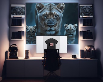 Lioness with Cubs Canvas Print, wildlife wall art for living room, neutral tones