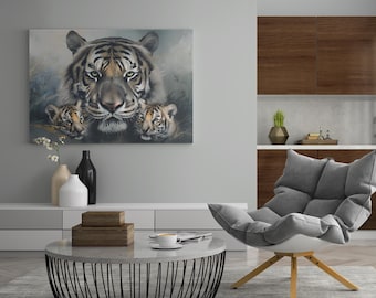 Mother tiger with cubs illustration print, kids room wildlife wall art