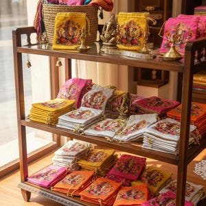 Op de afbeelding: Een houten displayrek gevuld met kleurrijke trekkoordtassen en gevouwen stoffen. De tassen zijn geel, roze, oranje en wit, elk met een gedetailleerde illustratie. Een geweven mand en decoratieve beelden zijn ook te zien.