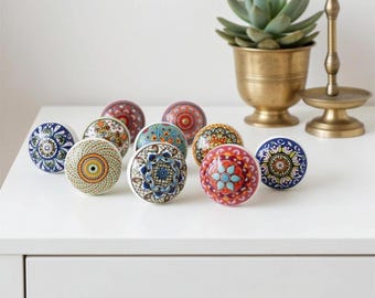 Pack of 10 Ceramic Drawer knobs Drawer pulls Mandala Art Multi color Cabinet knobs with nut bolt Easy to Install Handmade Knobs Indian Decor
