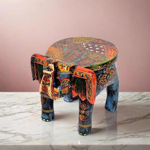 Taburete de elefante de madera, taburete decorativo pintado a mano, taburete para bebé, taburete para maceta, figura de elefante, arte coleccionable