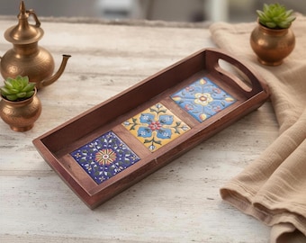 Handmade Wooden Tray decorative 3 Tile Serving tray with handle Coffee Tea Tray Ottoman tray